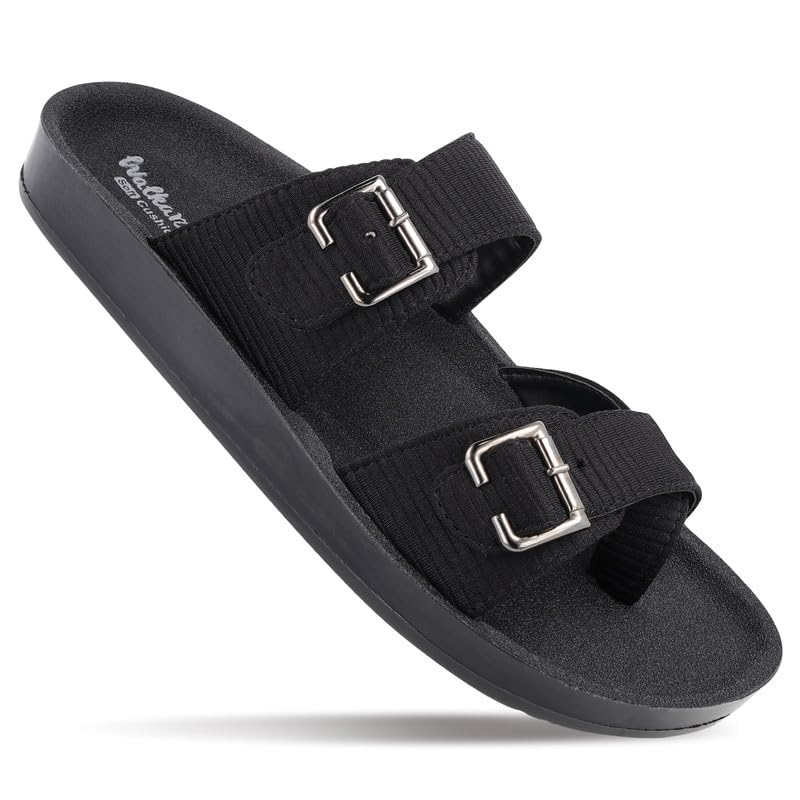 Image of Walkaroo Men's Double Buckle Slide Sandals|Open Toe Casual Flat Slippers,Adjustable Buckle Straps, Soft Cushioned Footbed, Fabric Upper,Lightweight Flexible Sole |Casual, Daily Wear, Home, Travel, Shopping&Comfortable Wear Sandals for Men's|WGR53044