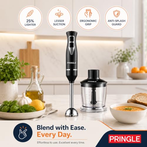 Image of Pringle MasterBlend 2-in-1 Hand Blender & Chopper | 400W Powerful DC Motor | Stainless Steel Rust-Free Detachable Arm | 2-Speed | PentaFlow Tech | Click-Fit Lock | 1-Yr Warranty | Silver & Black
