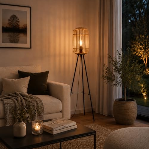 Lightbox Lampadaire avec abat-jour en rotin | Lampadaire tripode avec...