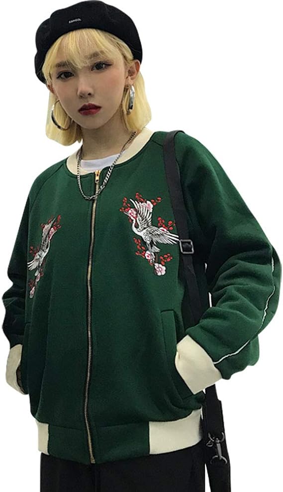 Amazon ライチ Lychee スタジャン ジャケット レディース メンズ 鶴 刺繍 グリーン 防風 可愛い 秋冬 カジュアル グリーン コート ジャケット 通販
