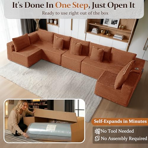 Image of 168 inch Cloud Sectional Couch, Comfort U Shaped Sofa for Living Room, Extra Deep Seats No Assembly, Minimalist Modular Couch, Corduroy (Deep Orange, 7 Seats,U-Shape B)