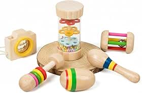Montessori Conjunto de 6 Brinquedos Musicais em Madeira, Chocalho e Instrumentos Sensoriais, Multicolorido, 4,7-9,8 cm, Desenvolvimento Motor, para Crianças Acima de 3 Anos