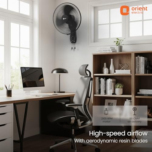 Image of Orient Electric Wall 97 | High Speed Wall Fan for Home | 100% Copper Motor | 90 Degree Oscillation with Tilt Mechanism | 3 Speed Pull Cord | Thermal Overload Protection | Military Grade Guard | Black
