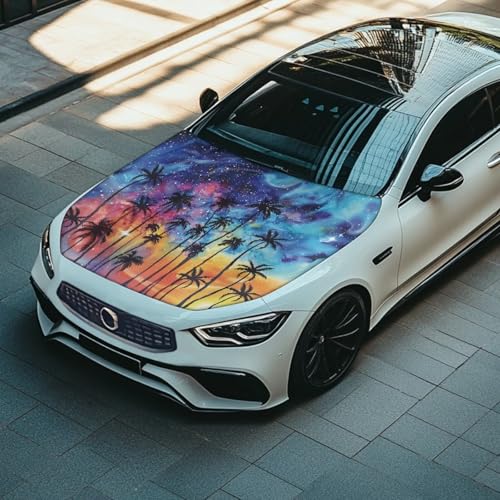 Image of 3.3x5 Ft Coconut Tree Print Car Hood Cover Elastic Polyester Car Hood Protector Snowproof Auto Accessories Suitable Most Auto Sedans Pickup Trucks SUVs