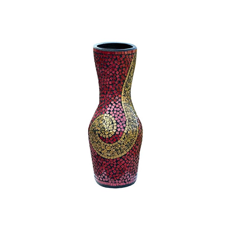 Zorigs Floor Vase – Tall Cylinder Made of Terracotta with Red and Gold Glass Mosaic Pieces – Exquisite Home Décor Accent Piece – 23.6 x 10.2 Inches - - for Hallway, Bedroom, Living Room