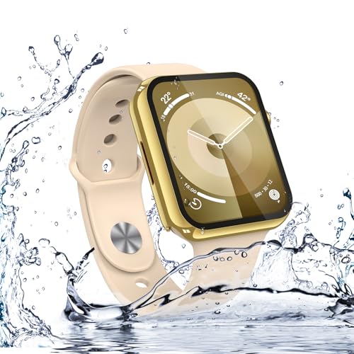 Image of Misxi [2 Pack] Waterproof Hard Case with Tempered Glass Compatible with Apple Watch Series 9 Series 8 Series 7 45mm, Ultra-Thin Cover for iWatch Screen Protector, 1 Gold + 1 Transparent