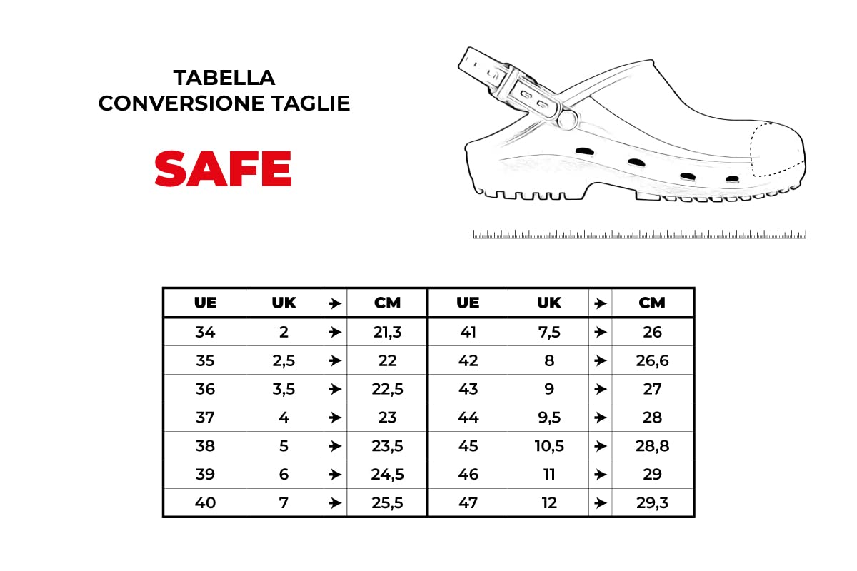 REPOSA Safe - Zuecos Sanitarios Mujer y Hombre en Goma, Zapatos Sanitarios Anatómicos con Correa Trasera Ajustable, Suela Antideslizante, Puntera de Seguridad, Zuecos Enfermera Antishock Transpirables