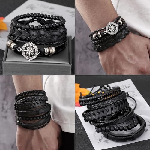 KISS WIFE Leather Bracelet for Men, 4 Packs Punk Bracelets Set, PU Braided Wrap Wristband Skull Skeleton Rock Emo Jewelry Accessories Adjustable Black Brown4