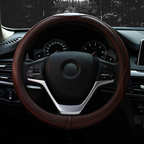 Image of Valleycomfy Steering Wheel Covers Universal 15 inch - Genuine Leather, Breathable, Anti Slip & Odor Free (Coffee, M(14 inch 1 /2-15 inch 1 /4))