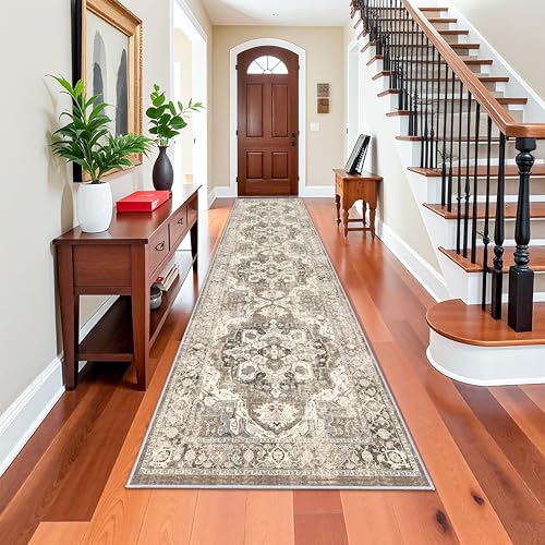 3x12 Washable Hallway Runner Rug: Soft Kitchen Rug Non Slip Rug Runner with Rubber Backing for Living Room Bedroom Bathroom Non Shedding Farmhouse Carpet Runner Rug (Beige, 3X12)
