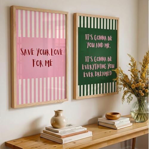 Image of Suneree Aesthetic Quote Wall Art Set of 2 Framed Paintings | Pink Green Striped Typography Poster | Couple Bedroom Living Room Home Decor (Art 5, 13x19 Inches)