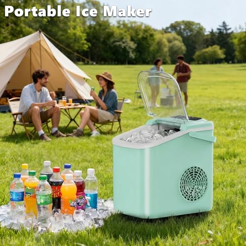 Image of Sweetcrispy Countertop Ice Maker with Scoop, Basket and Handle, Portable Ice Machine 9 Cubes Ready in 6 Mins, 26.5lbs in 24Hrs, 2 Sizes for Home Kitchen Office Bar Party
