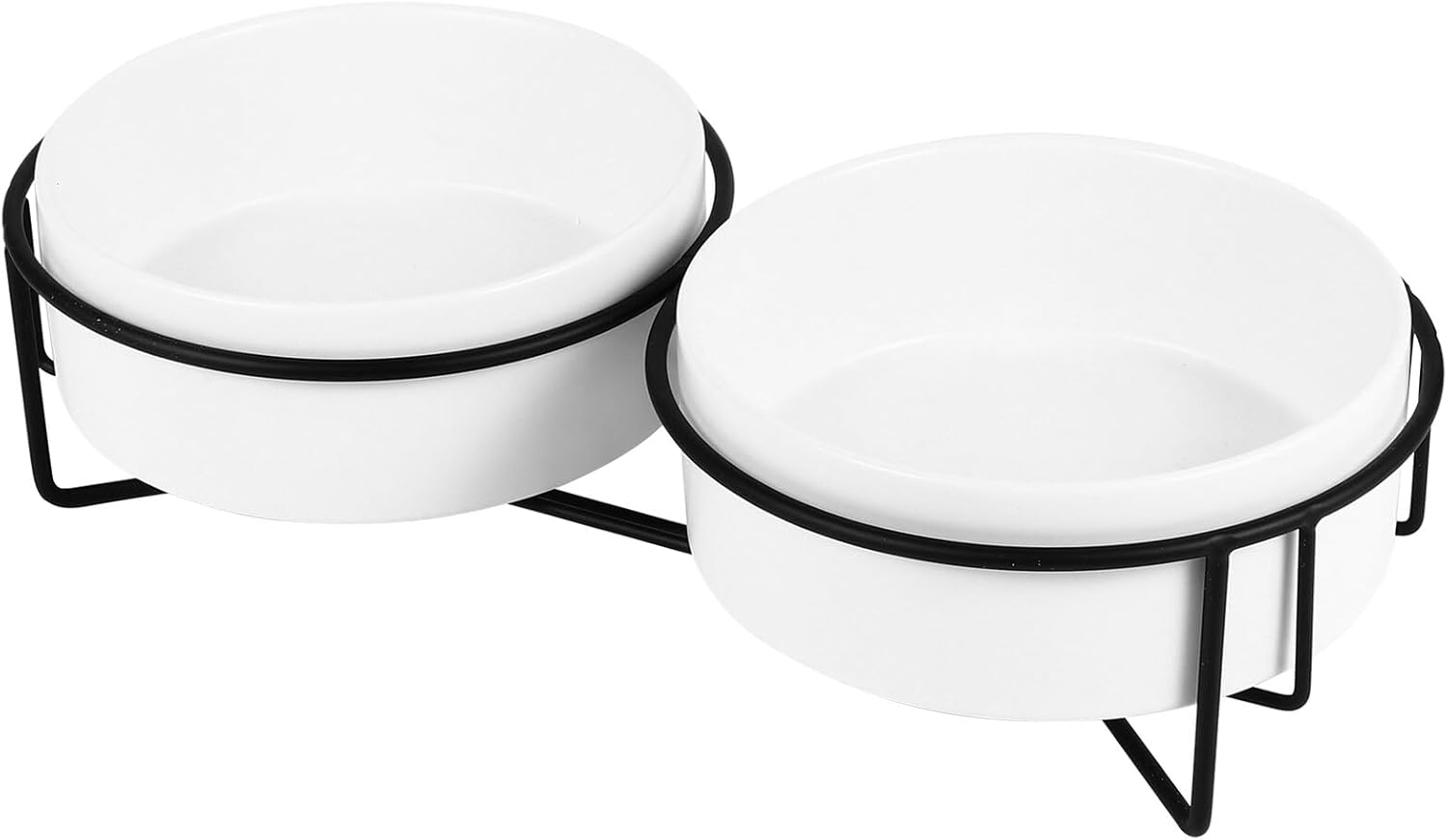 Cabilock Double Ceramic Cat Feeder Bowls with Black Iron Stand, 13cm Raised Pet Food and Water Dish Set for Cats and Dogs