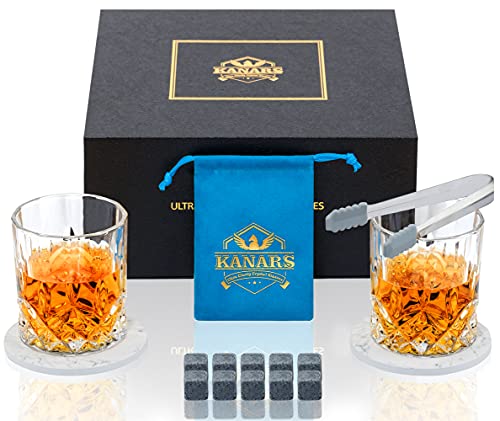 Whiskey Stones Gift Set for Men, KANARS Bourbon Glasses with Granite Chilling Stones In Luxury Box, Crystal Scotch Whisky Glasses Gifts for Christmas Wedding Birthday Father's Day Whiskey Stones Gift Set for Men, KANARS Bourbon Glasses with Granite Chilling Stones In Luxury Box, Crystal Scotch Whisky Glasses Gifts for Christmas Wedding Birthday Father's Day