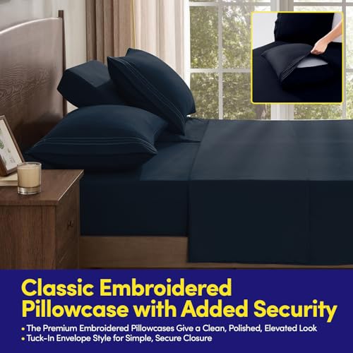 Image of Split Head King Sheets Set for Adjustable Beds 4 Piece Flex Top Bed Sheets - Deep Pocket Split Top Fitted Sheet with Built-in Corner Straps, Luxury Soft Cooling Bedding, Wrinkle Resistant, Navy
