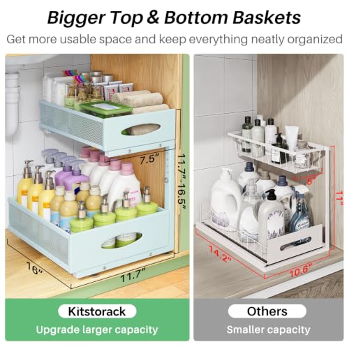 Image of Under Sink Organizer, 1-Pack Pull Out Cabinet Organizer 2 Tier Metal Slide Out Storage Shelf Rack, L-Shaped Adjustable Height,Mesh Sliding Drawer for Kitchen, Bathroom, Laundry, Pantry, Blue, XL
