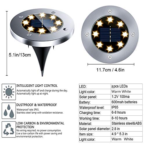 Solar Ground Lights - 8 Led Solar Garden Lights Outdoor Waterproof Sidewalk Disk Lights Solar Powered Landscape Lighting for Lawn Patio Pathway Yard Deck Walkway Flood Lights (12 Packs Warm White)