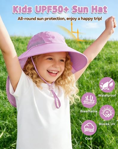 Image of Rosoz Kids Sun Hat with Neck Flap UV Protection Summer Toddler Beach Hat Unisex Ponytail Hat Wide Brim Fishing Hat