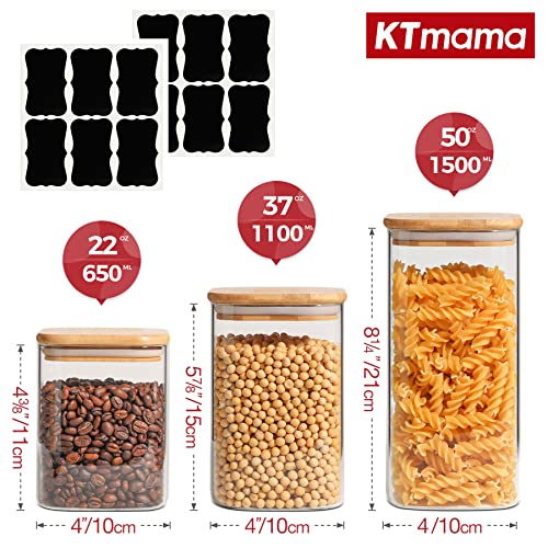 Image of Glass Square Food Storage Container With Airtight Bamboo Lid, Set of 6 Stackable Kitchen Pantry Clear Canisters For Cookie, Candy, Sugar, Coffee Bean, Pasta, Nuts (22oz /37oz /50oz)