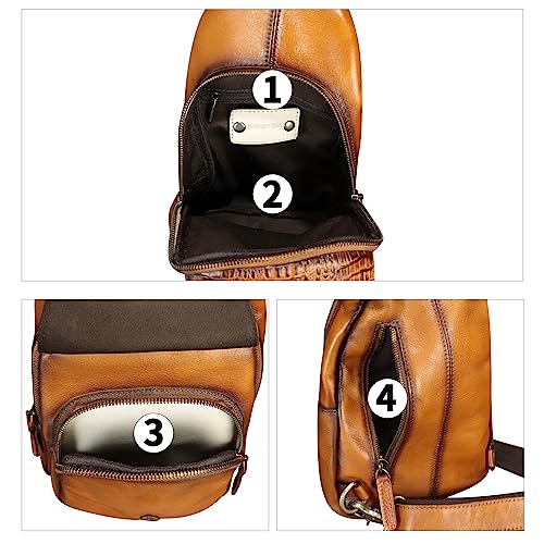 Image of Genuine Leather Sling Bag Embossed Crocodile Pattern Leather Crossbody Sling Backpack Handmade Chest Purse Daypack (Brown)