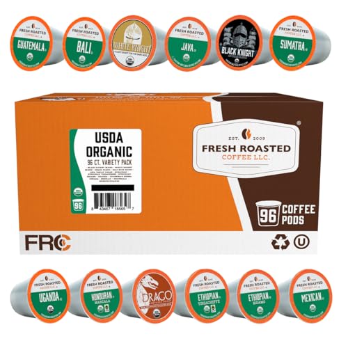 Fresh Roasted Coffee, USDA Organic Variety Pack | 96 Pods for K Cup Brewers