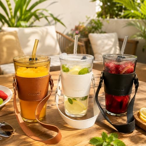 Image of Glass Tumbler with Lid, Straw & Leather Sleeve, 450ml Portable Drinking Glass Cup with White Carry Strap, Reusable Travel Tumbler, Coffee mug, Juice, Smoothies, Iced Drinks & Daily Use (White)