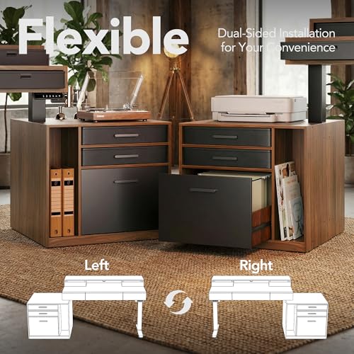 Image of ErGear Electric Standing Desk with 5 Solid Wood Drawers, 63 x 24 Inches Whole Piece Desktop, with Desktop Riser Stand, Compatible with C-Clamp Monitor Arms, Modern Office Desk, Dark Walnut