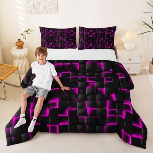 Image of Erosebridal Neon Black Purple Comforter Set King Violet Geometric Checkered Bedding Set for Kids Teen Adults Gaming Room Decor,Abstract Ombre Plaid Comforter Grids Quilt Duvet