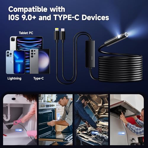 Image of Endoscope Camera with Light, Dual-Lens 1920P HD Borescope with 8+1 Adjustable LED Lights, IP67 Waterproof Inspection Camera 16.5FT Semi-Rigid Snake Camera for iOS & Android (2 Interface)