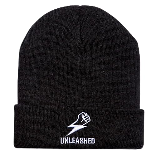 Image of Unleashed Embroidered Beanie, Black Knit Winter Hat with Lightning Bolt Fist Logo, Cuffed Potentials Design