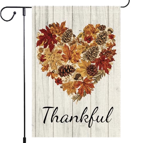 Thankful Fall Garden Flag Maple Leaf Love Heart Garden Flags 12x18 Inch Double Sided Burlap Autumn Pinecone Hazelnut Villa Decor Rustic Farmhouse Yard Thanksgiving Decoration