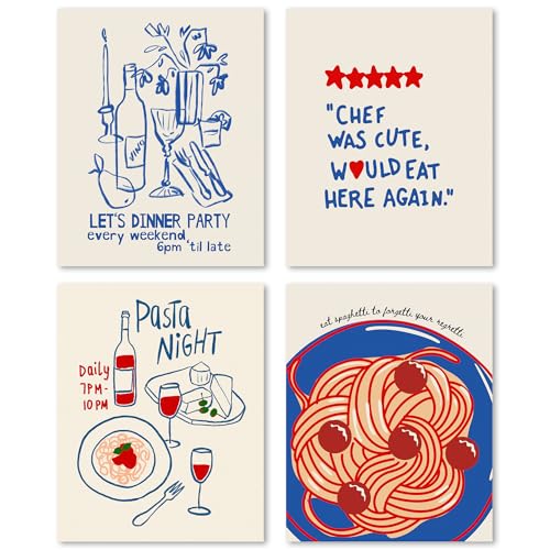 Trendy Retro Kitchen Chef was Cute Wold Eat Here Again Wall Art Prints Set of 4, Vintage Pasta Wine Poster Wall Decor for Home Bar Kitchen Dining Room Restaurant, Italian Kitchen Decor, 8x10 Unframed
