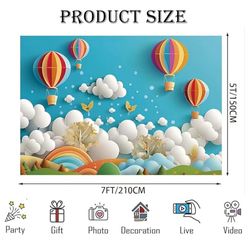 Rainbow Hot Air Balloon Flower Photography Background Happy 1st Birthday Backdrop Girl Boy 1st Birthday Party Cake Smash Banne Blue Sky White Clouds Baby Shower Newborn Background (Blue, 7x5feet) by JICONEE - Used condition - Image 5