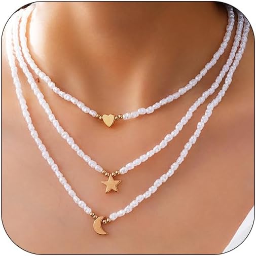 White Pearl Beaded Moon Star Heart Necklace Dainty Layered Fake Faux Pearls Strand Choker Necklaces for Women Trendy Stack Crescent Love Statement Jewelry