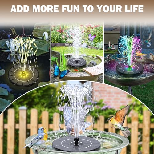 Yzert Solar Fountain with Colorful Lights,High Efficiency Solar Water Fountain with 2200mAh Battery 7 Nozzles and 4 Fixer,Solar Fountain for Bird Bath Garden Outdoor Décor
