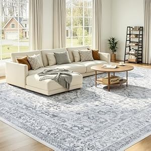 UKISS Washable Area Rugs，8'x10' Ultra-Soft Faux Silk Vintage Rug, Large Low-Pile Rugs for Living Room ， Non-Slip & Non-Shedding Large Carpets for Home/Office Decor Blue
