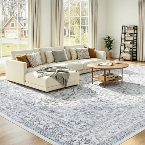UKISS Washable Area Rugs，8'x10' Ultra-Soft Faux Silk Vintage Rug, Large Low-Pile Rugs for Living Room ， Non-Slip & Non-Shedding Large Carpets for Home/Office Decor Blue