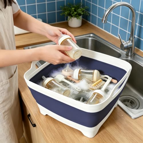 Image of FOSJGO Collapsible Dish Basin with Drain Plug, 2.4 Gal (9L) Space-Saving Foldable Sink, Wash Basin for Kitchen, Baby Bottles, Vegetable Washing, Camping, RV and Party Beverage Tubs (Navy blue)