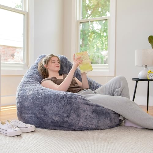 Image of Big Large Teardrop Foam Filled Bean Bag Chair with Removable Cover, Gray Short Shag, 4 feet Big | Premium Shredded Foam Filled, Short Shag, Adult-Sized Comfortable Seating, Supports Up to 300 lbs, Perfect for Reading Nook