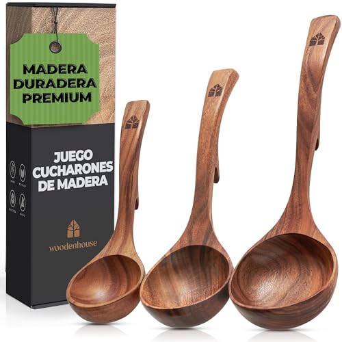 3 Cucharones de Cocina de con Ganchos Traseros para Ollas y Cuencos. Cucharas de Madera para Servir y Cocinar. Menaje de Cocina - Utensilios de Cocina de Madera: Eco & Sin Tóxicos