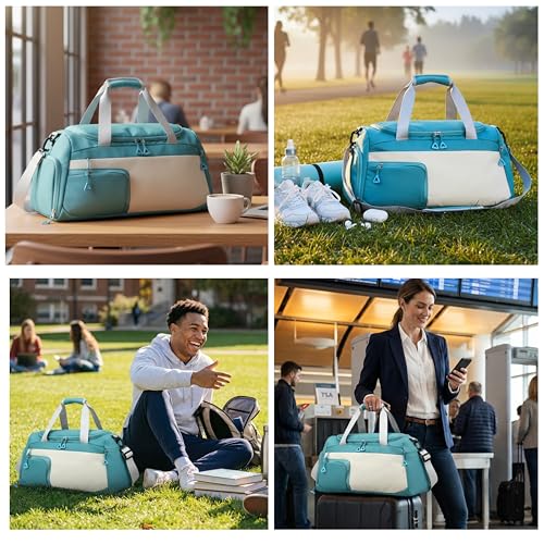 Image of POPCUBE Nylon 50 cms Imported Travel Duffle Bag Multi- Pocket Sports Shoulder Bag for Women with Wet Pocket & Shoe Compartment Weekender Overnight Travel Luggage Bag (50x25x27cm) (Modern, Sky Blue)