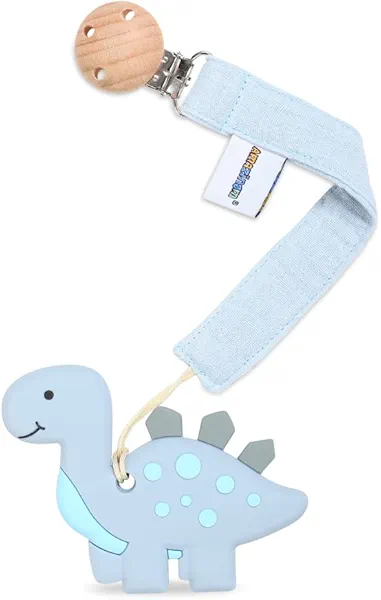 Baby Food Grade Silicone Teether Toy with Pacifier Clip Holder,Teething Pain Relief Toys Gift Set for 3 Months+ Boys and Girls,Freezer Safe,BPA Free (Grey Dinosaur)