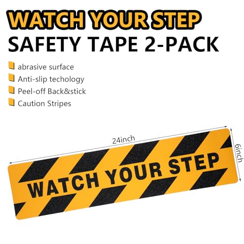 Boao 2-Pack “Watch Your Step” Anti-Slip Decals, 6”x24” Abrasive Hazard Warning Stickers, Waterproof, Durable PVC for Indoor/Outdoor Use on Stairs, Floors & Ramps, Orange
