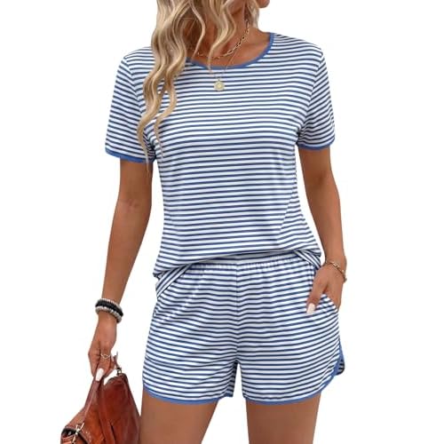 Rapbin Womens Pajama Sets 2026 Spring Summer Ladies Striped Short Sleeve 2 Piece Shorts Set Crew Neck Split Soft Cozy Pjs