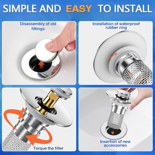 Image of Sink Stopper Hair Catcher, Pop-up Sink Drain Strainer with Removable Stainless Steel Strainer Basket Hair Catcher,Bathroom Sink Strainer for Bathroom Sink Stopper Replacement (2, Silver)