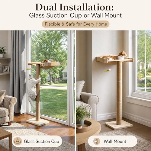 Image of Cat Window Perch with Tall Scratching Posts, Inside 46 inch Climbing Tree Hammmock Mounted with Suction Cups for Sleeping,Playing and Watching Birds