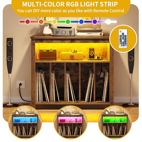 DWVO LED Glow Turntable Stand Storage Cabinet with Integrated Power Ports & Rotating Display Racks | Modern Album Organizer for Living Room Turntable Setup, Vintage Brown
