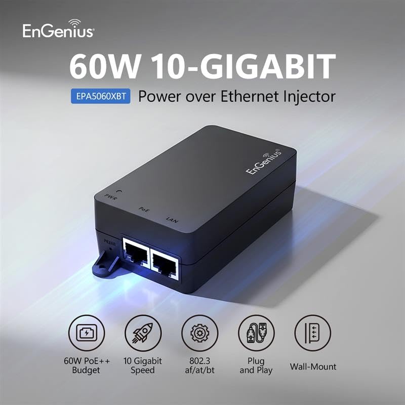 Image of EnGenius 10Gbps Power Over Ethernet PoE++ Injector | 60W | 802.3af /at /bt | Plug & Play | Up to 100 Meters (328ft) | Single Port [EPA5060XBT]