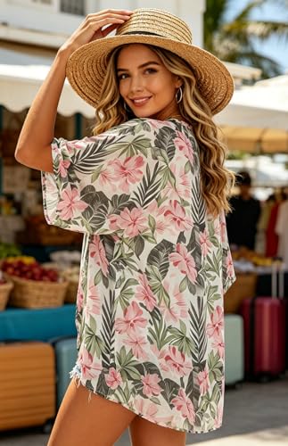 Image of FINOCEANS Womens Floral Chiffon Kimono Cardigans Loose Beach Cover Up Half Sleeve Tops