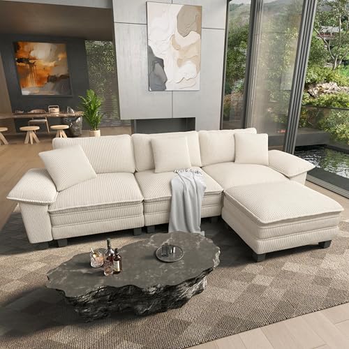 Image of HERA'S HOUSE 124 inch Oversized Modular Sectional L Shaped Sofa, Corduroy Beige | 4-Seater Living Room Couches, Wider Armrest and Deep Seat, Comfy Cloud Couch with Ottoman, Wood Sturdy Frame